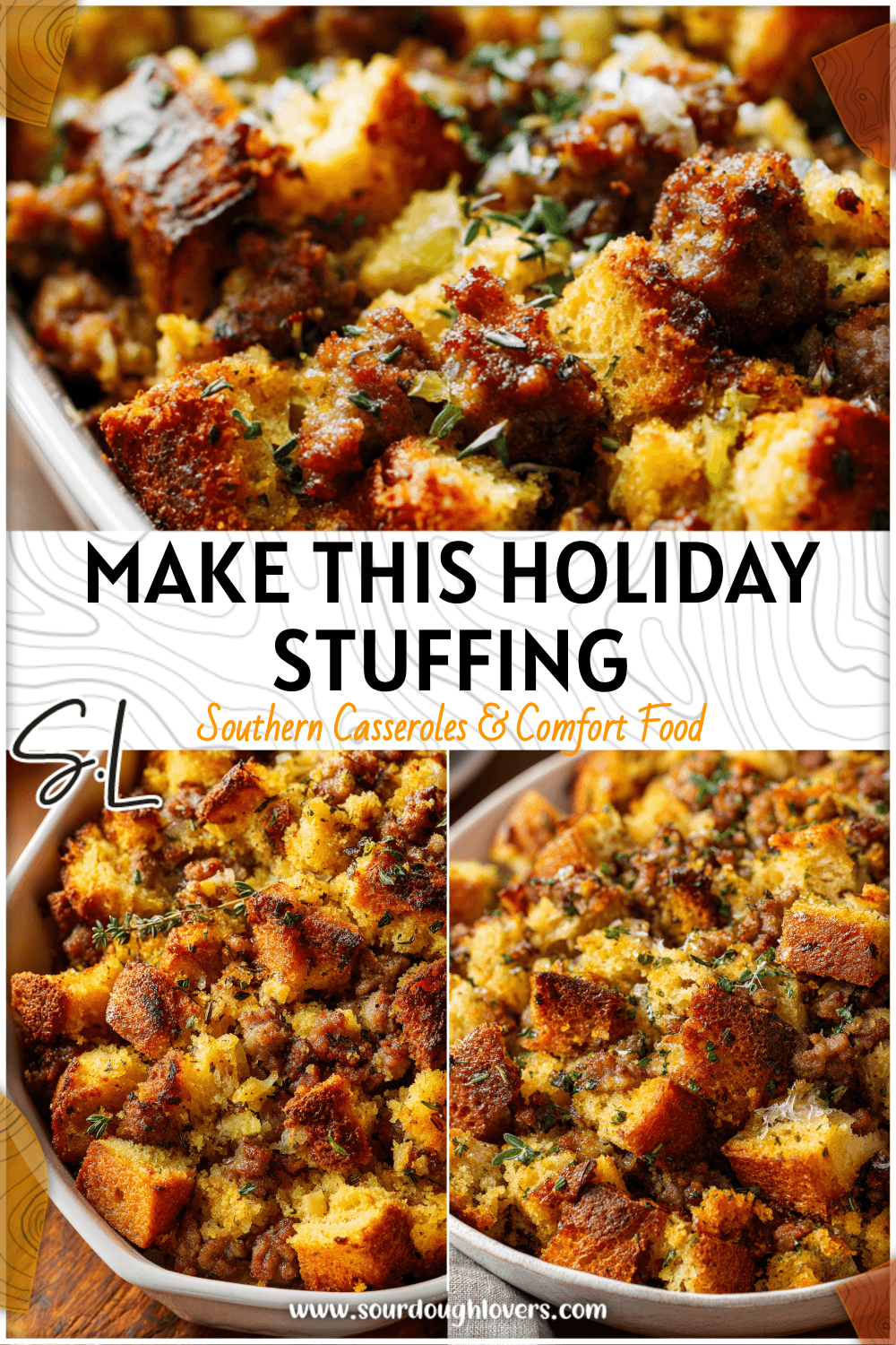 Cornbread sausage stuffing baked golden brown with herbs and crispy edges.